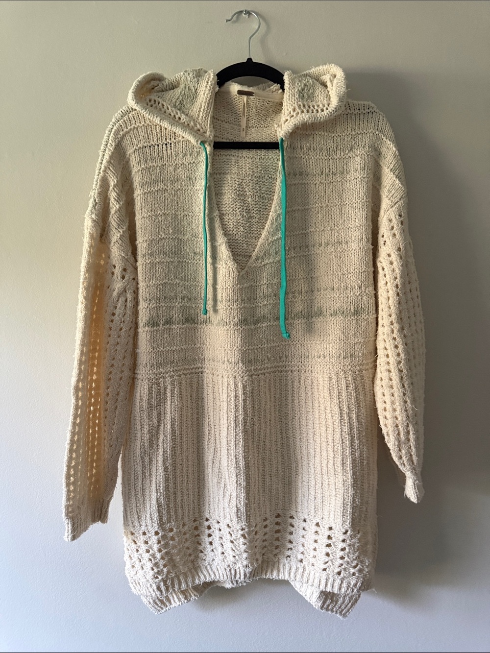 Free People Ivory Open-Knit Hooded Pullover